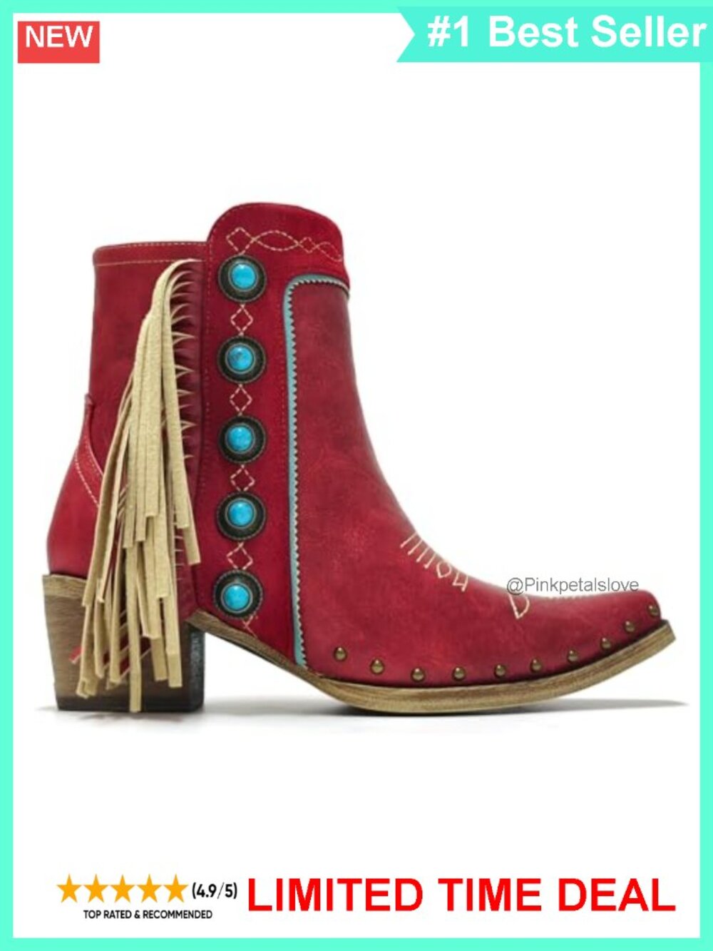 Fringe Studded Ankle Cowboy Booties with Turquoise Stones